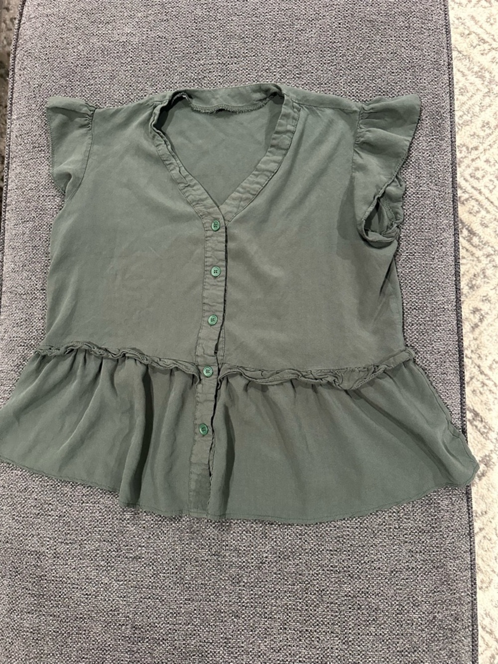 Women’s Olive Green V-Neck Ruffle Button-Front Top